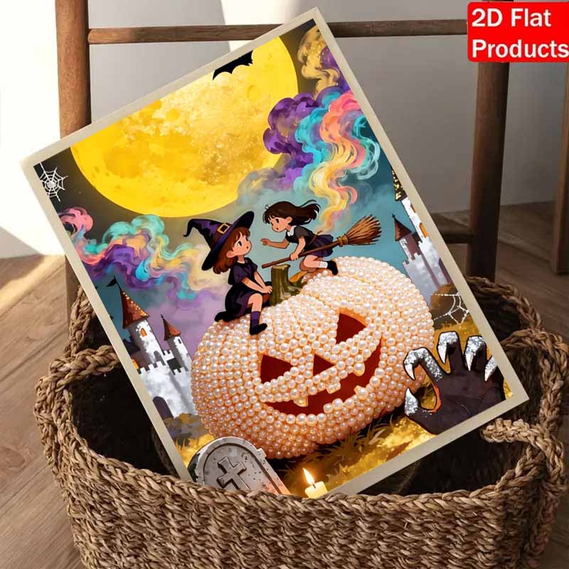 DIY 3D Pearl Painting Canvas Halloween Pumpkin Witches Pattern Relaxing Leisure Craft Kit for Adults Home Wall Art Decor Supplies