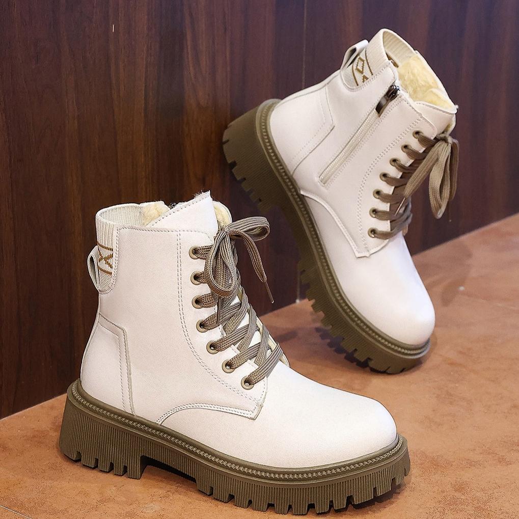 Mode 2025 Neue Mode Dicke Sohle Damenstiefel Große Größe Damenschuhe Schwarz Warm halten Fleece Plateau Schnür-Stiefeletten 4875