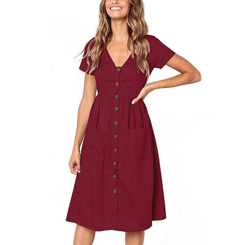 Nrj 2020 Hot Sale V-neck Button-up Short Sleeve Women's Dress With Pockets