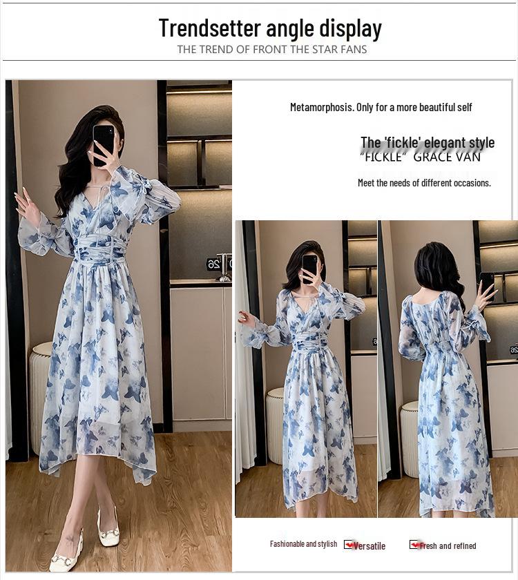 French Tea Break Blue Dress: Waist-Slimming Korean Style with Ruffle Sleeves, Perfect for Vacations