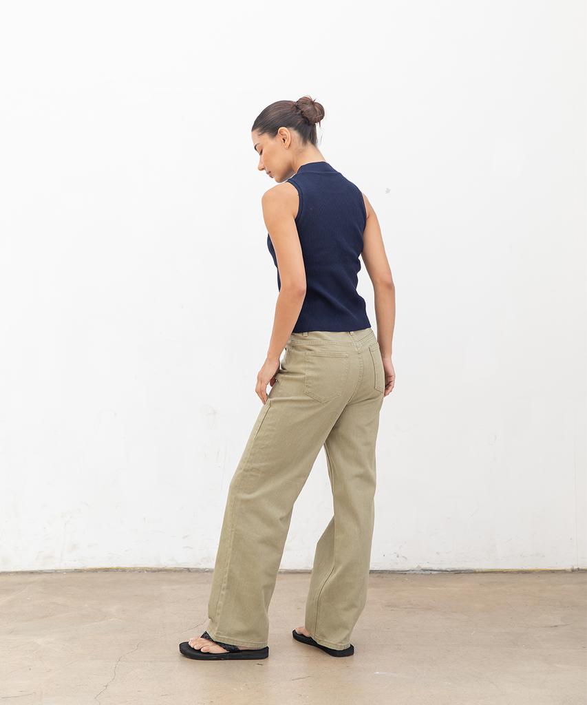 CHAMBROS Women'S Semi-Wide Washed Denim Pants [Cotton Light Khaki]