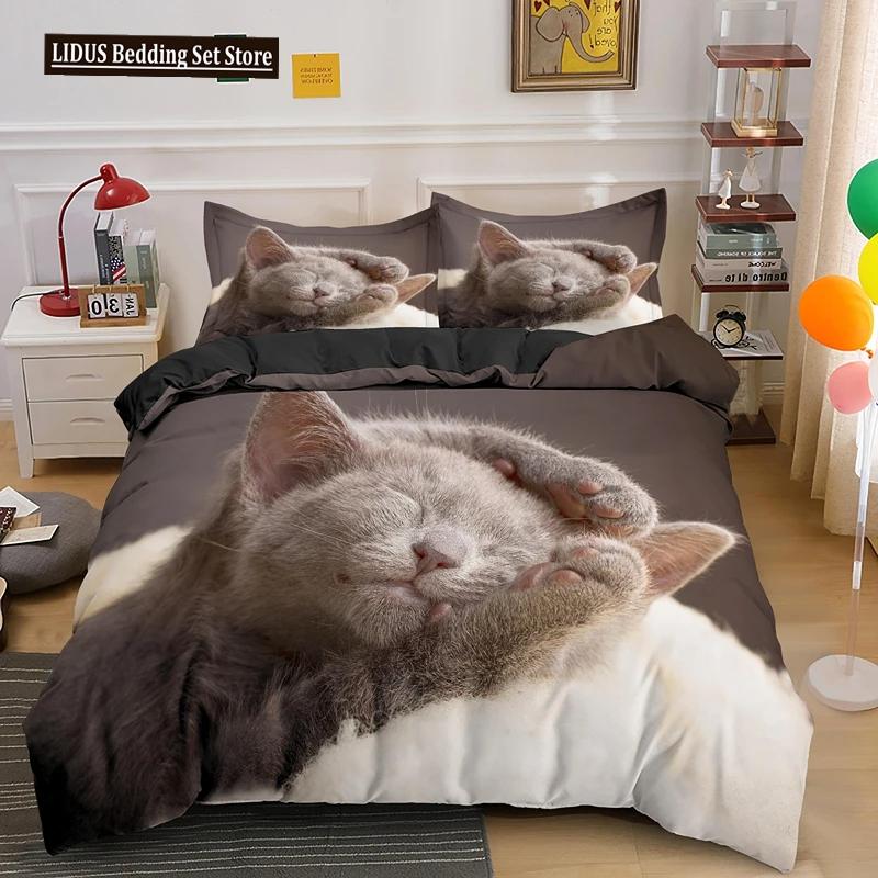 Set Copripiumino 3D Gatto Adorabile, Set Biancheria da Letto Carino Gatto Domestico Taglia Matrimoniale Queen King, Copripiumini di Lusso Animali Carini Regali Tessili per la Casa