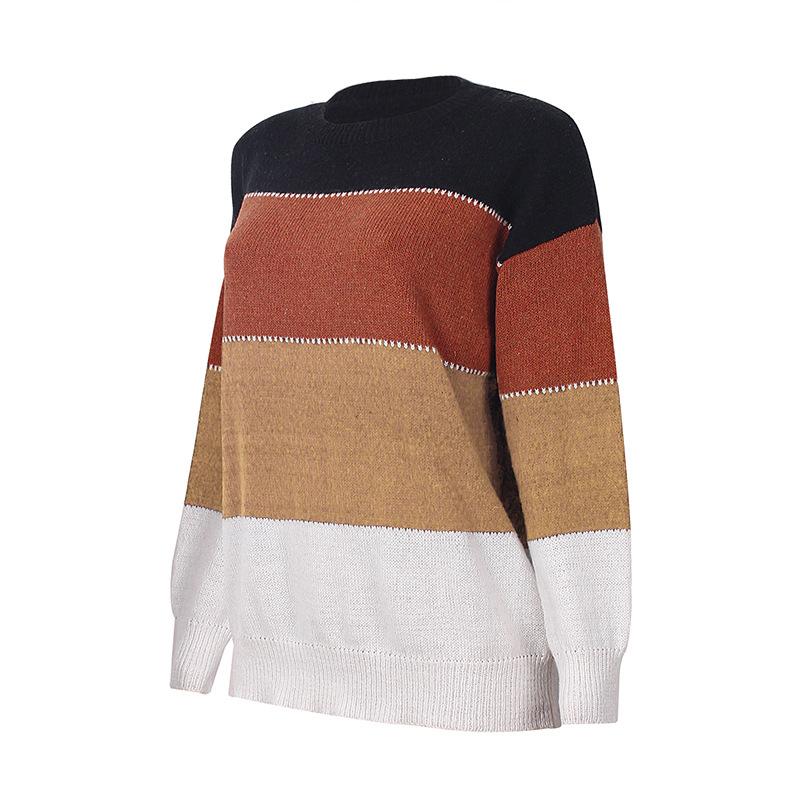 Podzimní a zimní nový styl svetr pruhovaný kontrastní barva dlouhý rukáv kulatý výstřih pletený svetr dámský