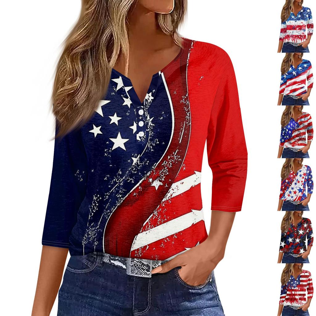 T-skjorte for kvinner T-skjorte med knapp 3/4 ermer Daglig helgmote Basic V-hals vanlig topp