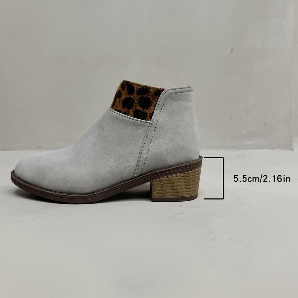 Spliced Side Zipper Chunky Heel Single Boots Fall/autumn New Round Toe Leopard Print Elegant Comfortable Boots for Women