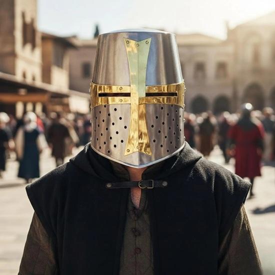 Handmade Templar Knight Helmet, Golden Brass Cross, Wearable Cosplay Armor