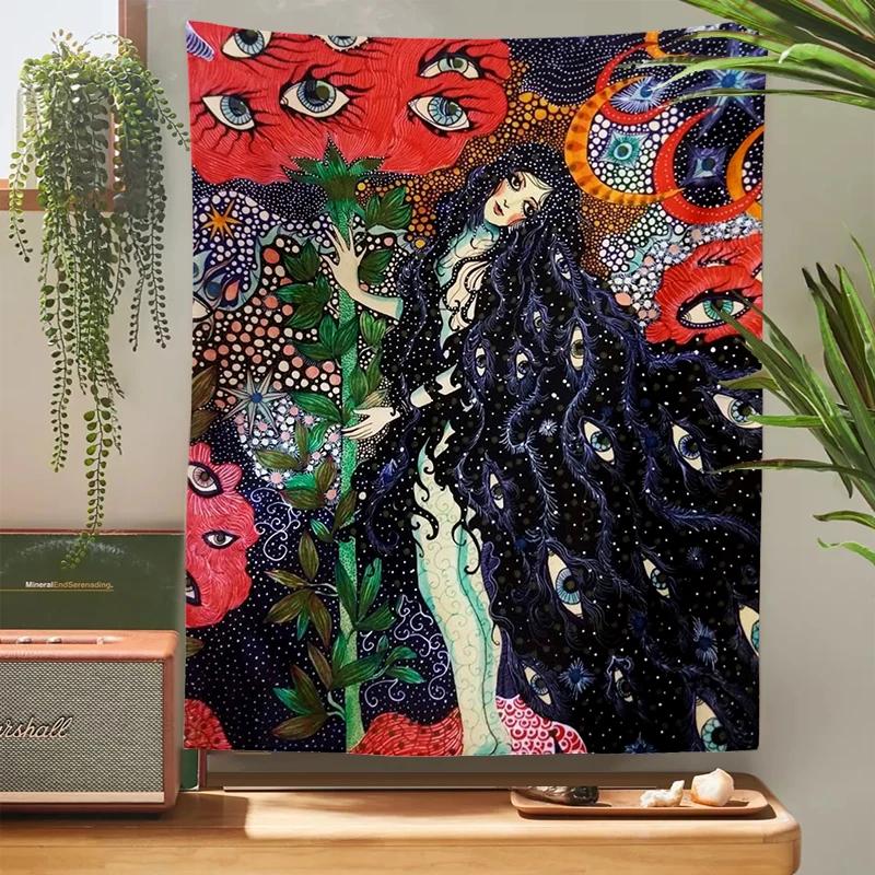 Psychedelic Girl Tapestry Wall Hanging Botanical Celestial Floral Tapestry Hippie Eye Wall Carpets Dorm Decor Starry Skycarpet