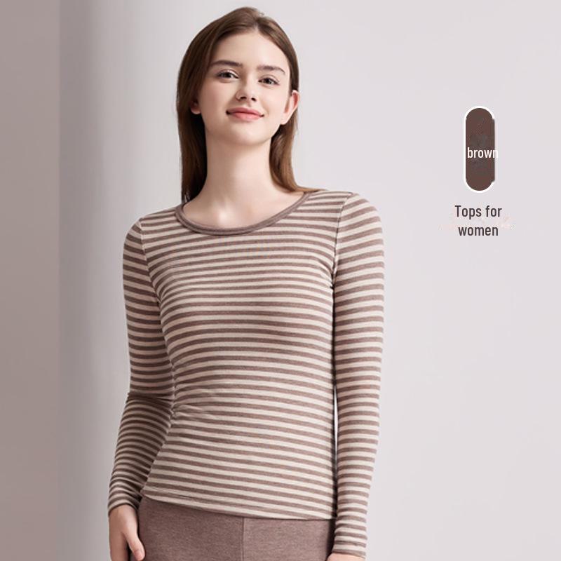 

Зимний комплект термобелья из кашемира и шелка для мужчин и женщин – полосатый немецкий бархат, подходит для пар, взрослых и пожилых людей Women Top, 2XL коричневый