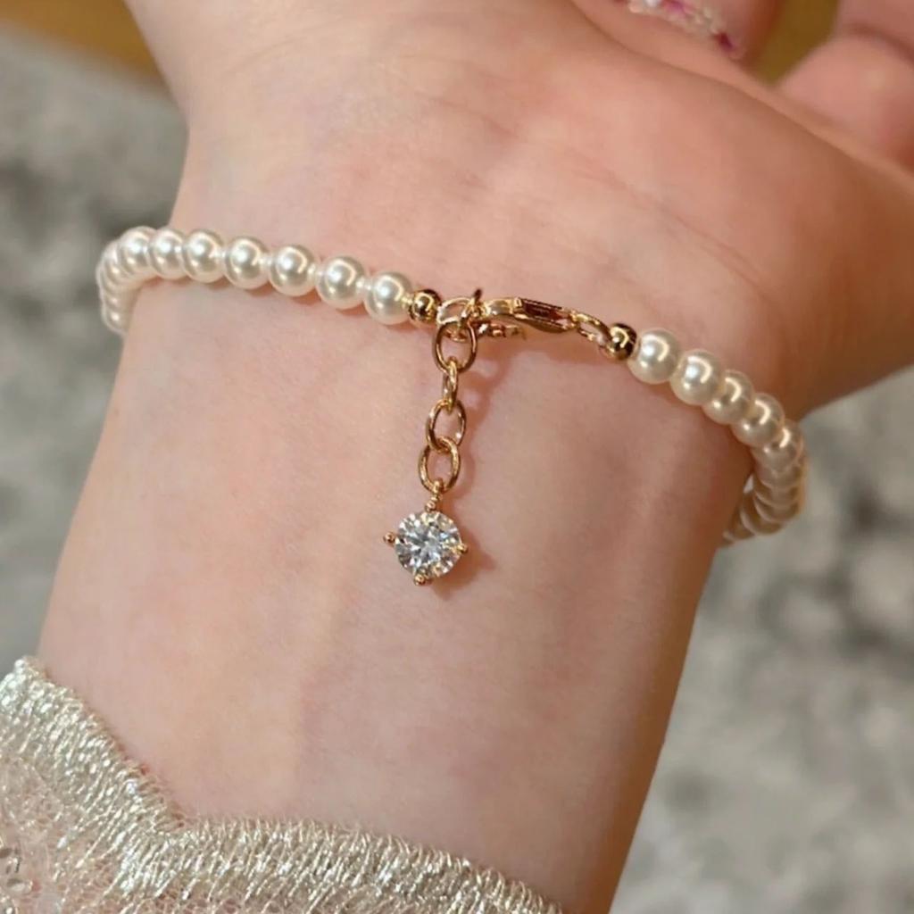 French Vintage Cream White Pearl Bracelet For Women Light Luxury Minimalist Bubble Zircon Stackable Elegant Jewelry