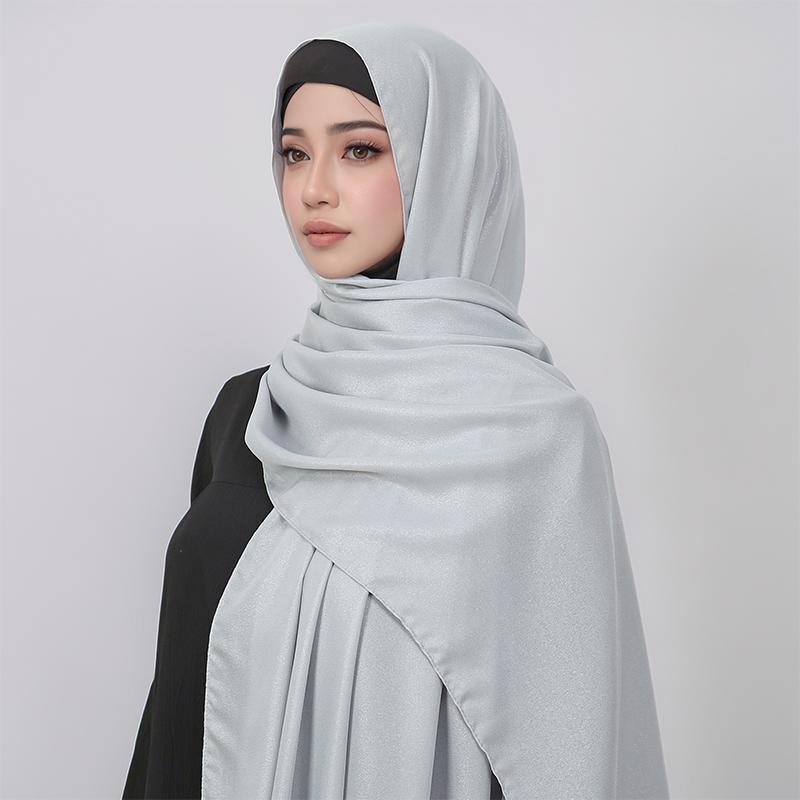 70*175cm Muslim Silver Chiffon Hijab Women Solid Color Scarf Ramadan Long Shawl Plain Soft Turban Wraps Headband