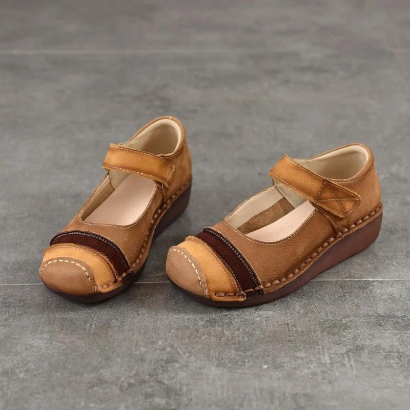 Johnature Retro Round Toe Genuine Leather Women's Shoes Cowhide Soft Sole Mixed Colors Wedge Heel Shoes