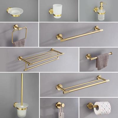 Luxury Brushed Gold Bathroom Accessory Set: Towel Rack, Bar, Paper Holder, Hook, Soap Dispenser.
