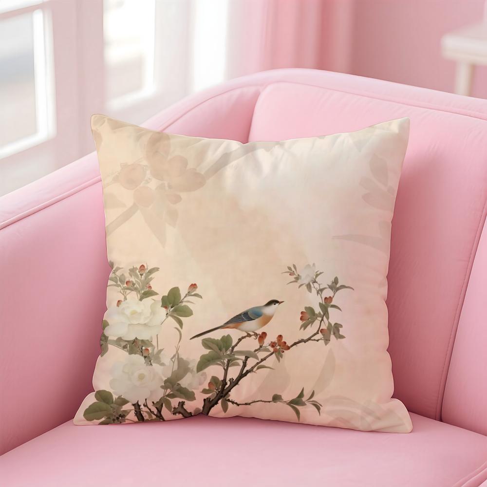 Chinese Style Simple Bird Flowers Cushion Cover Linen Pillowcase Cover Soft Decor for Sofa Home Room