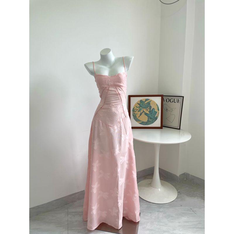 

European and American Purple Suspender Skirt Elegant Socialite Tall Mopping Floor Long dress Women Sexy Lace-up Waist Hugging Slimming Dress Pink(Perspective with leggings) XS