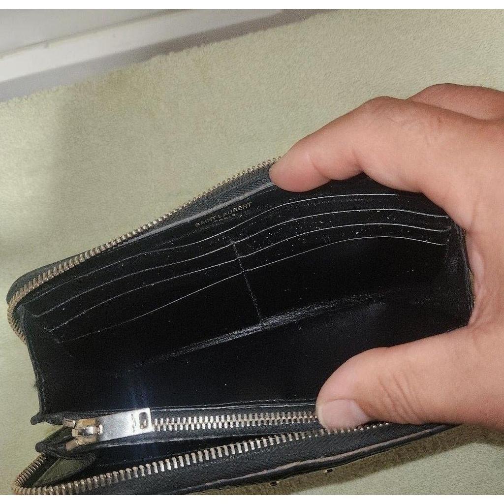 Used SAINT LAURENT Round Zipper Long Wallet Crocodile Embossed Black YSL Logo Unisex