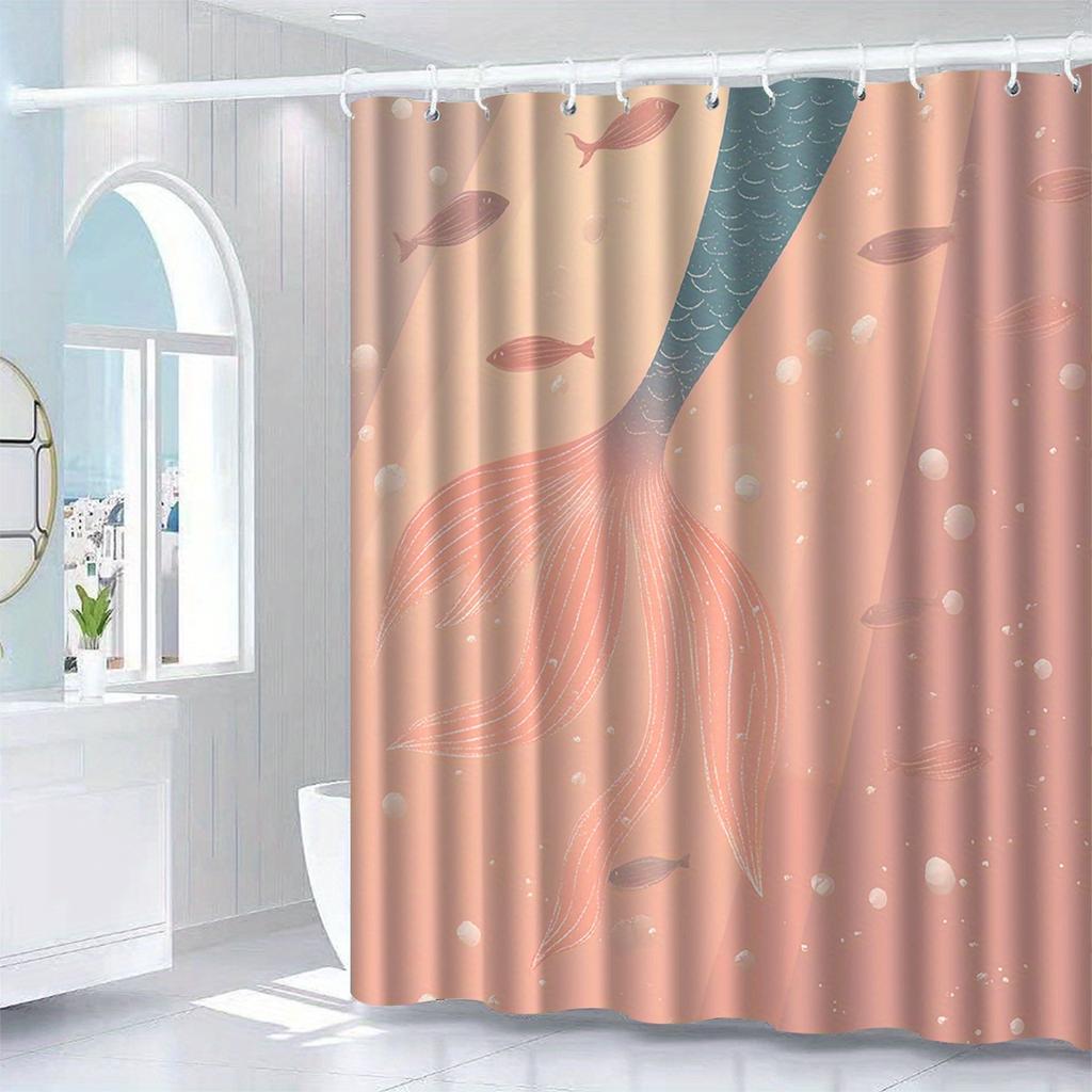 Mermaid & Fish Tail Shower Curtain - Artistic Design, Waterproof Polyester, Includes 12 Hooks, All-Season Use, Bathroom Decor