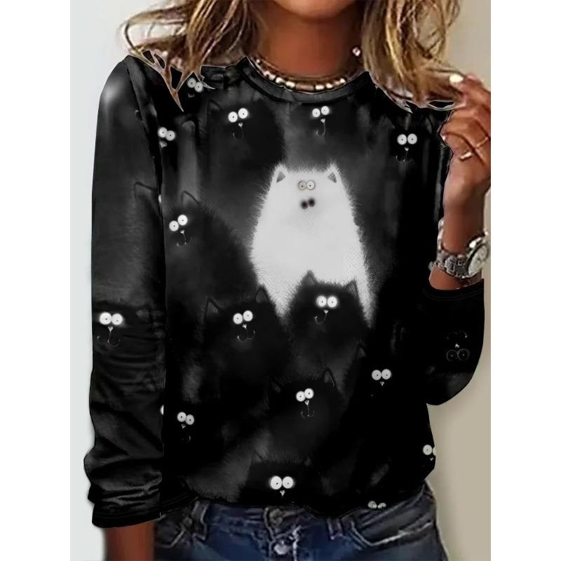 Rundhals 3D Katze Bedrucktes Oberteil Lässige Langarm Damen T-Shirts - Weicher Mitteldehnbarer Polyesterstoff Frühling und Herbst Relaxed Fit Kleidung