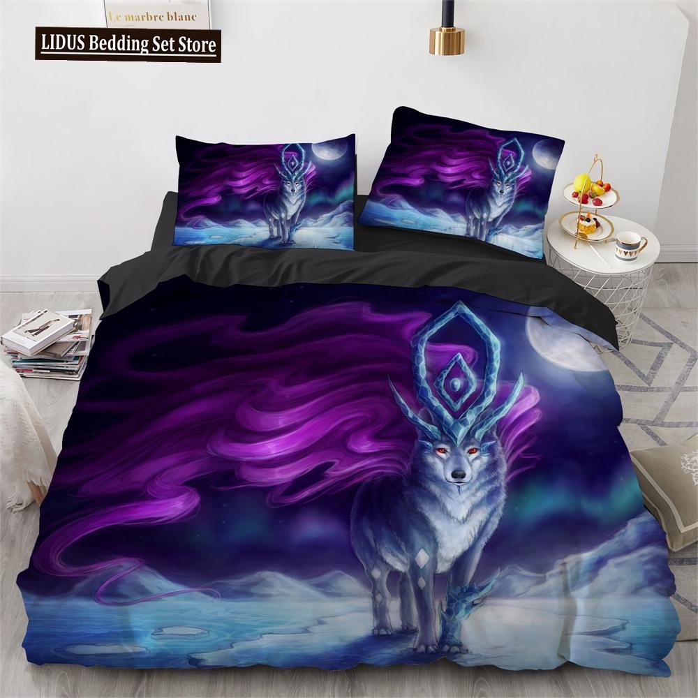 Wolf Duvet Cover Set Black White Wolf Yin And Yang Pattern Wild Animals Comforter Cover King Queen Size For Kid Boys Bedding Set