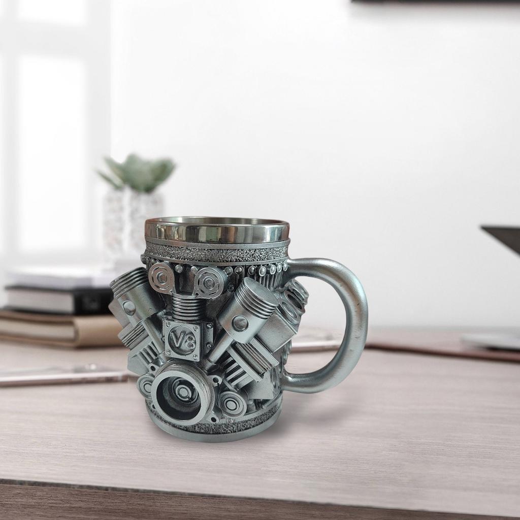 V6 Engine Piston Mug Unique Automotive Design Coffee Cup for Car Enthusiasts, Durable Metal Finish, 12 oz Capacity