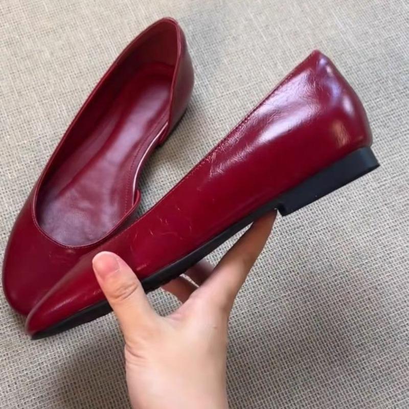 Cowhide version~ Simple round head shallow mouth side empty ballet shoes women's new versatile inner height-increasing commuting shoes