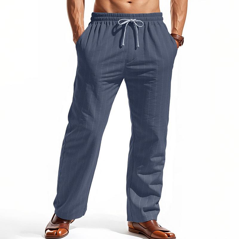 

2026 European and American Linen Summer Pants Beach Pants Drawstring Vertical Stripes Straight Breathable Casual Trousers Men s Trousers S темно-синий