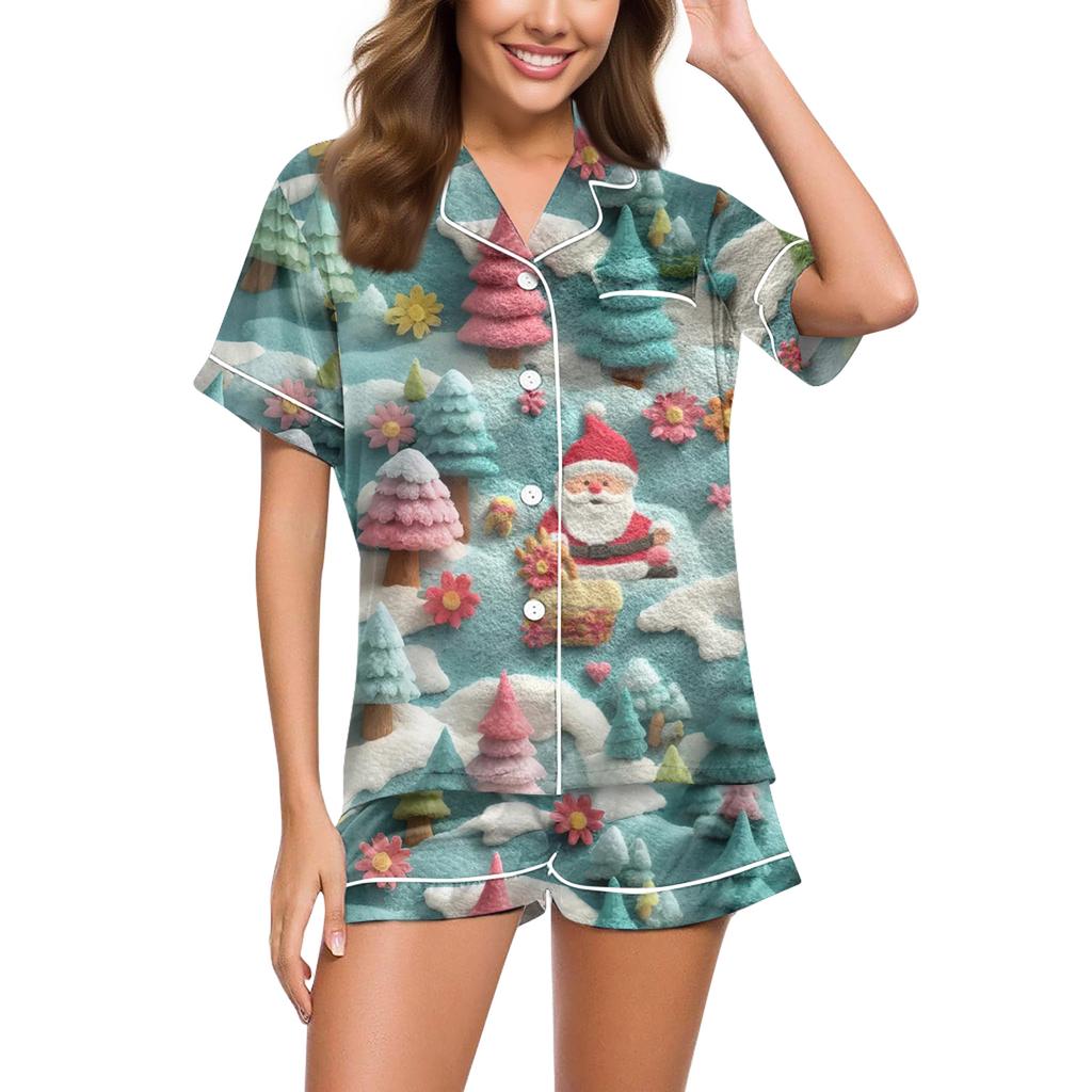 Dammode Lös Casual Topp Shorts Tvådelad Set Jul Tryckt Pyjamas Set
