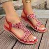 2025 Summer Flat Bottom Large Size Bohemian Rhinestone Flowers Elastic Fish Mouth Sandals Women 2025
