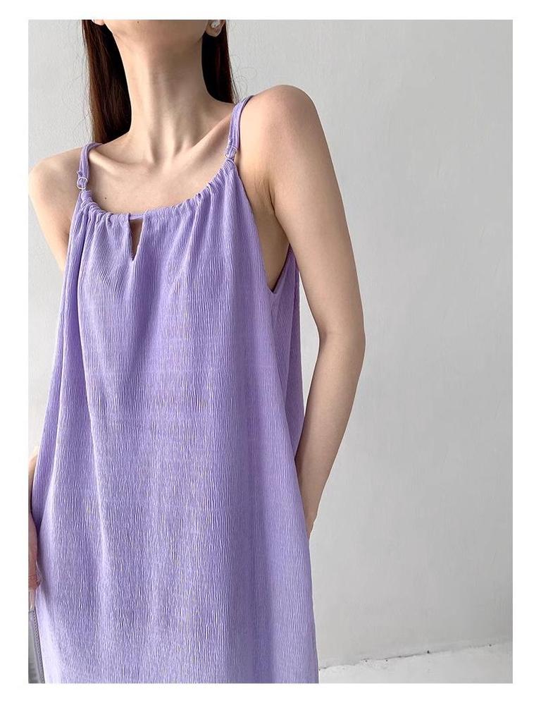 Petite French Purple Sling Dress for Women - 2025 Summer Loose Fit, Slimming, Temperament Style for Seaside Vacation.
