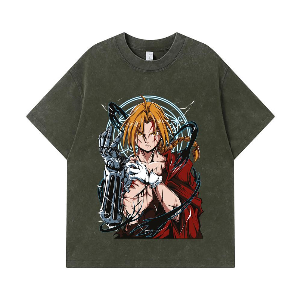 275 GSM Washed T-shirts 100% Cotton Fullmetal Alchemist V6 Edward Print Unisex Heavy Cotton T Shirt