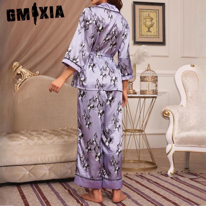 GMXIA Pyjamas Autumn and Winter Women Simulation Silk French Cardigan Lace-up Robe Pajama Trousers Senior Sense of Homewear Suit