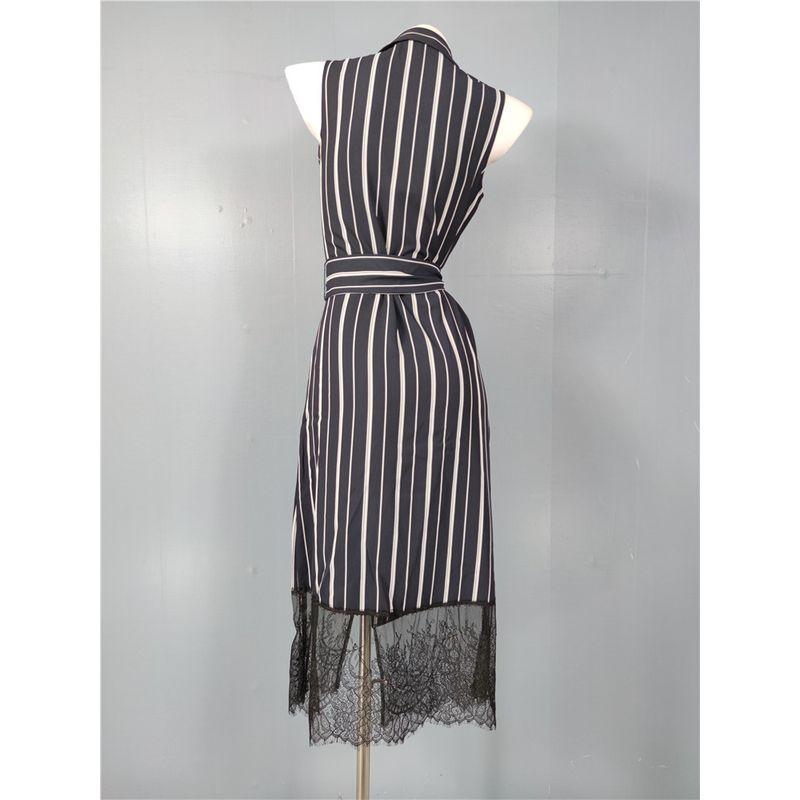 Foreign Trade Autumn New Sleeveless Versatile Personality Lapel Stripe Lace Stitching Slimming Breasted Dress With Belt