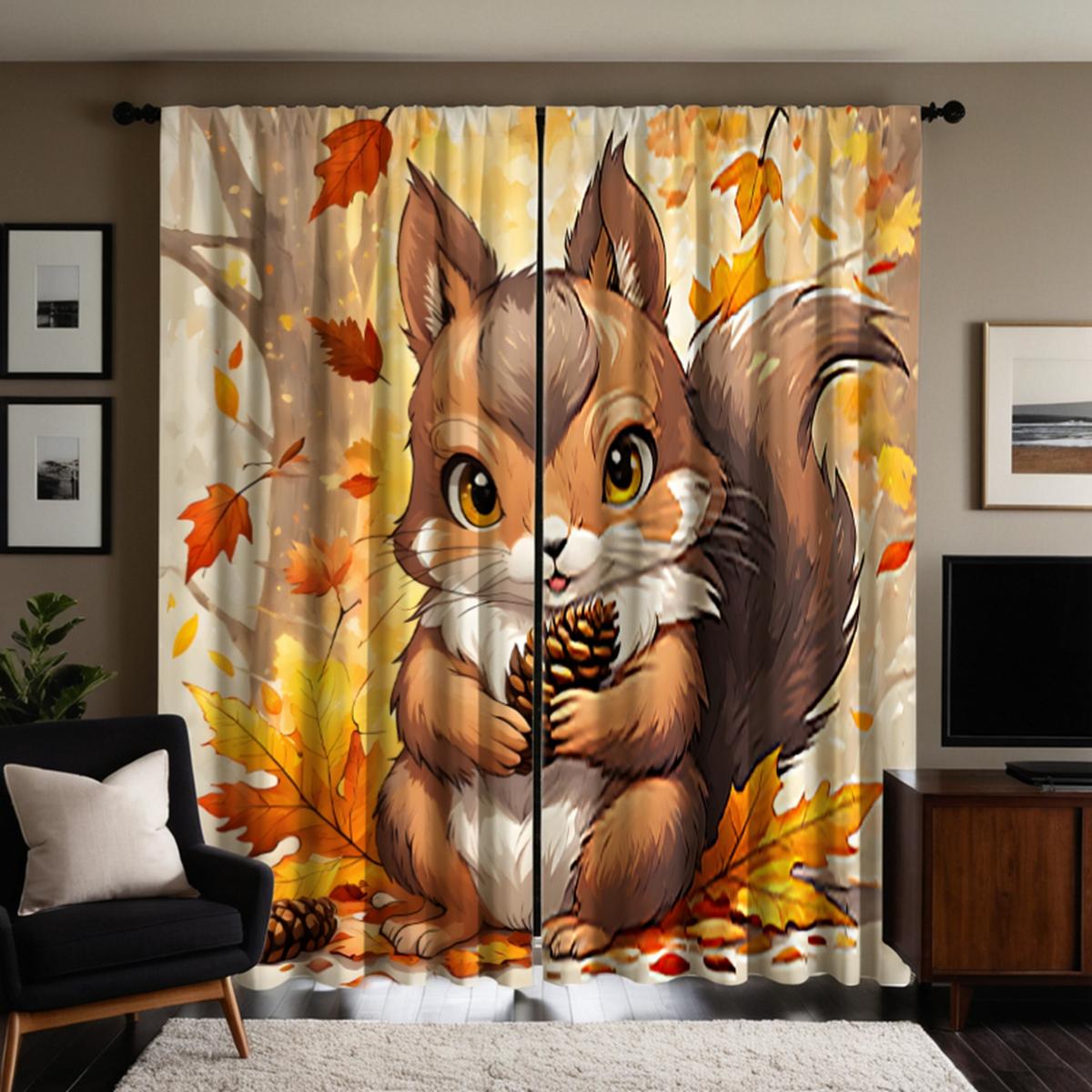 

2 шт. HD осенние ветряные листья, держащие шишку, маленькая занавеска в виде белки, желтая занавеска с цифровой печатью, стиль украшения дома W52H63inchW132H160cm