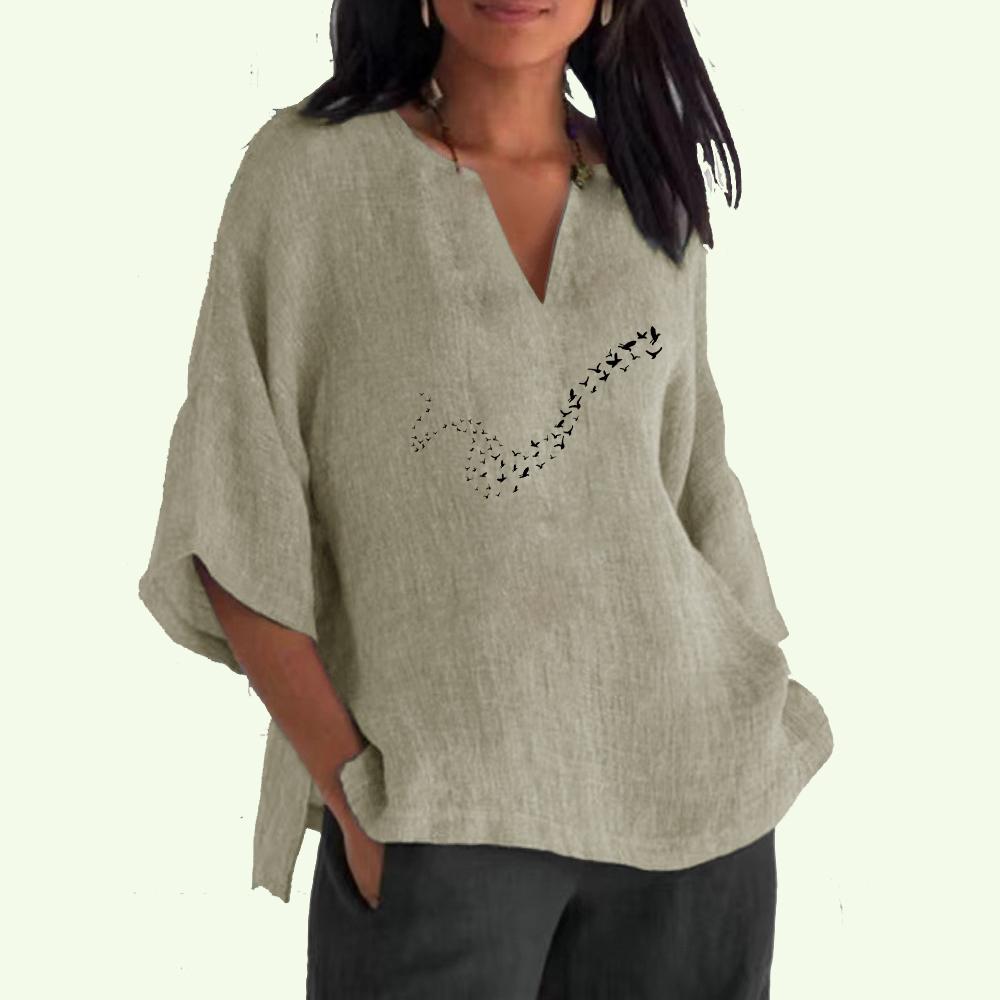 

Женская повседневная свободная рубашка, женский топ с v-образным вырезом, модный принт, хлопковые льняные блузки с длинными рукавами 3/4