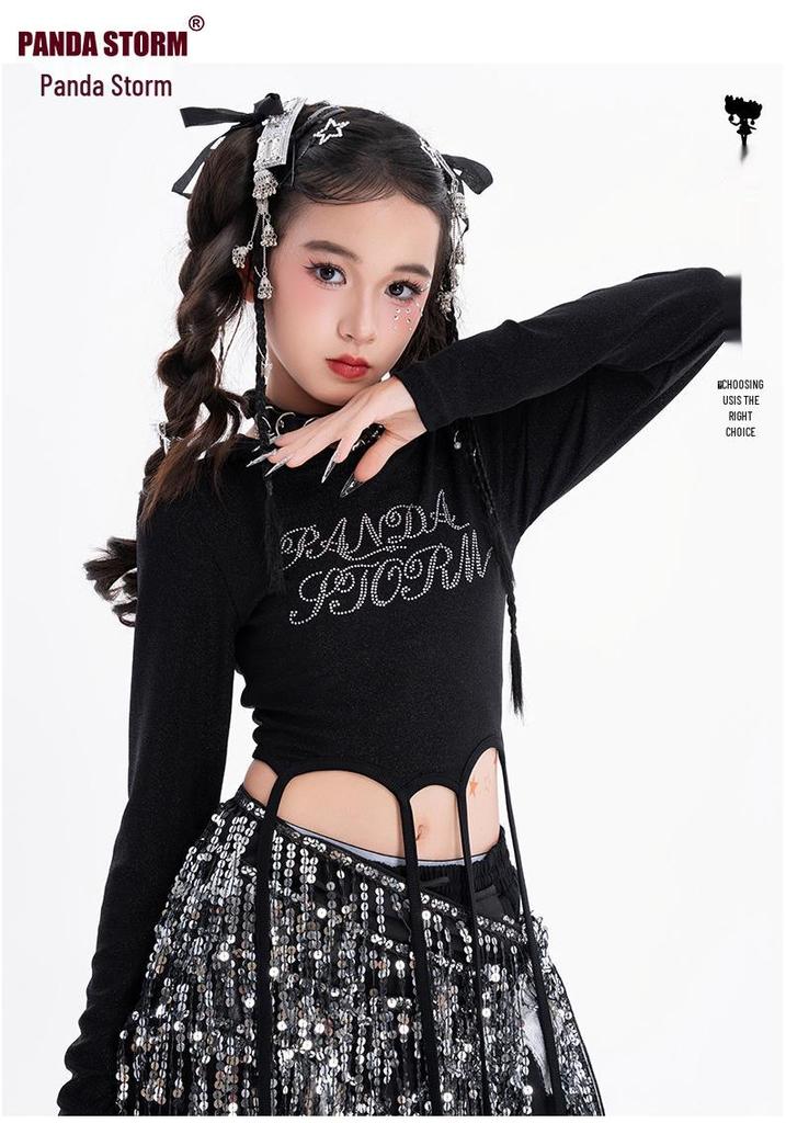Girls' Sparkly Jazz Dance Long-Sleeve Outfit: Fashionable Street Dance T-shirt & Pants Set