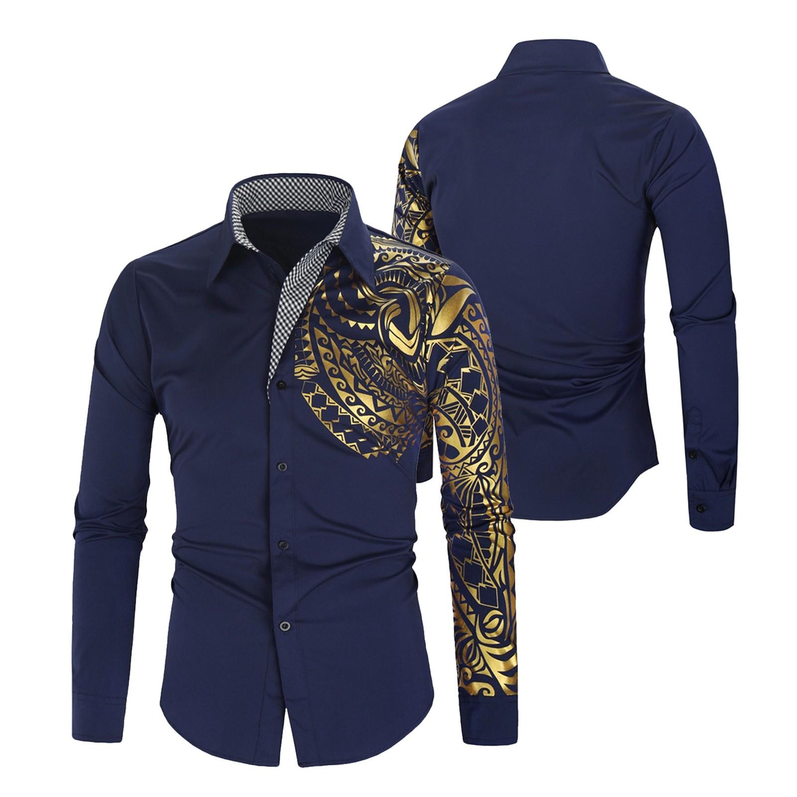 

Мужской модный весенний повседневный топ с воротником и пуговицами, с длинными рукавами и принтом XXL тёмно-синий