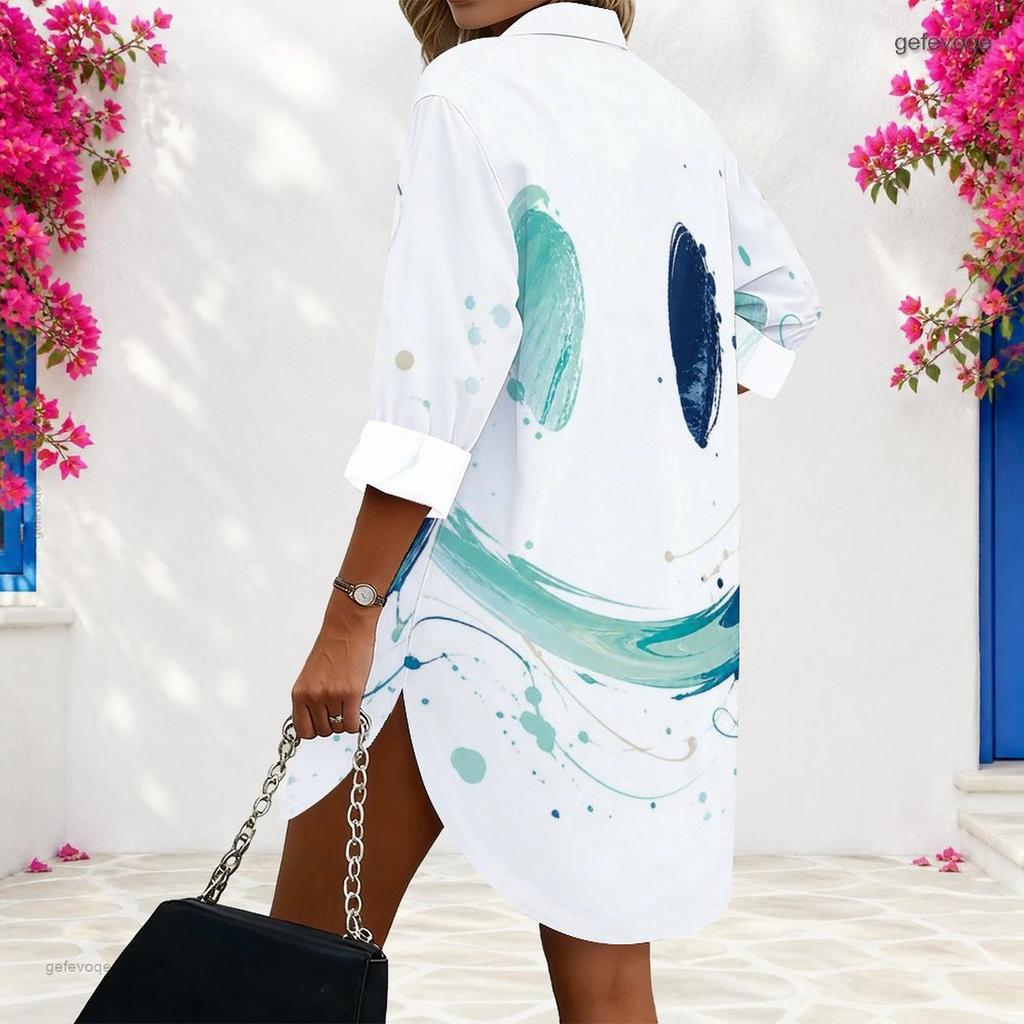 Women Plus Size Collared Long Sleeve Printed Button Front Curved Hem Shirt Dress