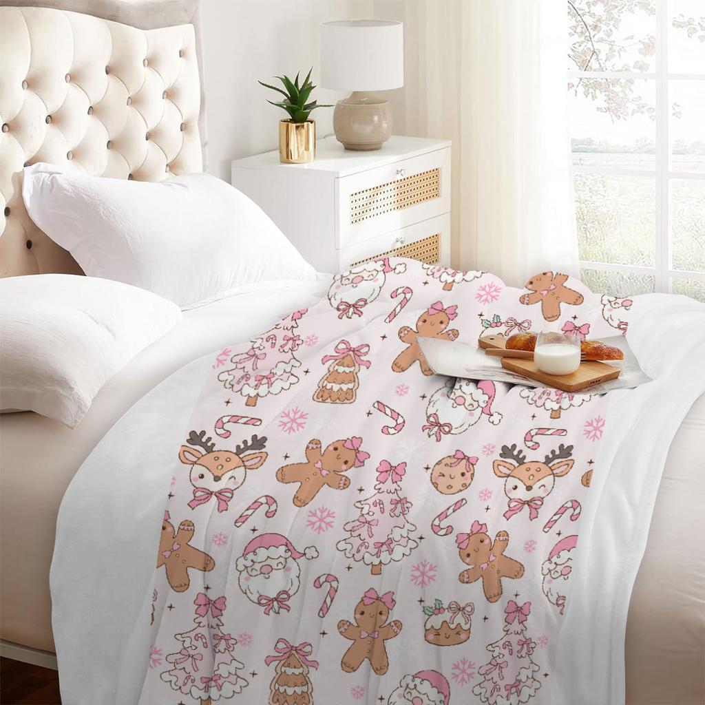 Pink Christmas Gingerbread Man Throw Blanket Soft Warm Flannel for Couch, Bed, Office, and Travel - Perfect Gift for All Season