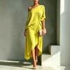 Damen Ein Schulter Halbarm Midi Kleid Lockerer Schnitt Elastische Taille Elegantes Satin Unifarbener Unregelmäßiger Wickelkleid
