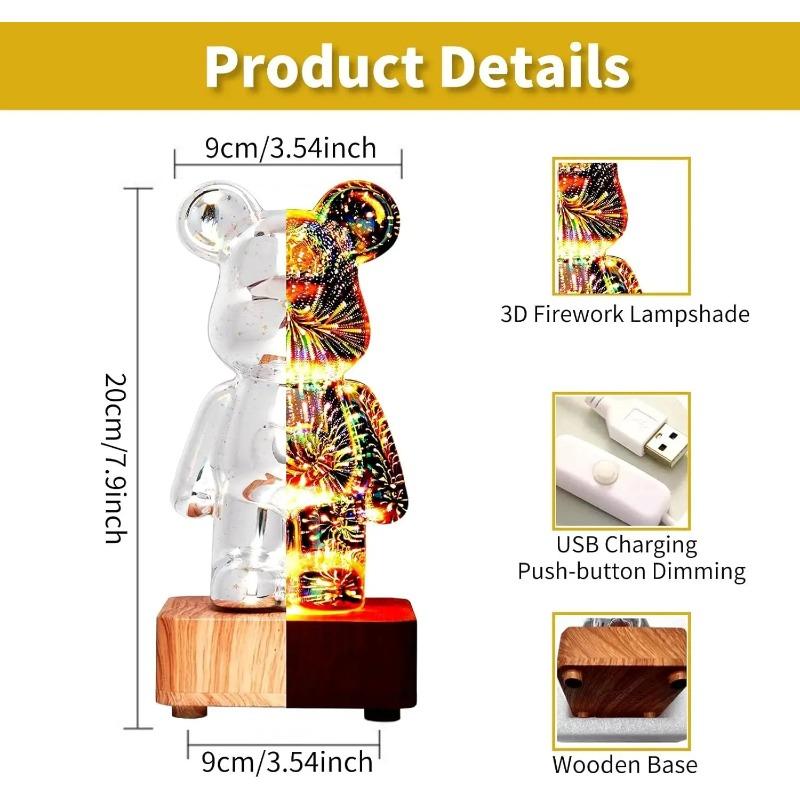LED 3D Bear Fireworks Night Light USB Projector Light Color Changing Environment Light Suitable for Children's Room Bedroom Decoration New Year Gift