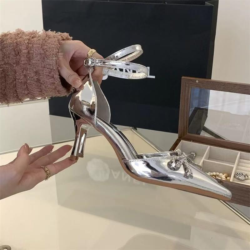 Fashion Women's Stiletto Sandals Spring New Pointy Head Shallow Mouth Rhinestone Butterfly Knot Anti-slip Wear-resistant High Heels