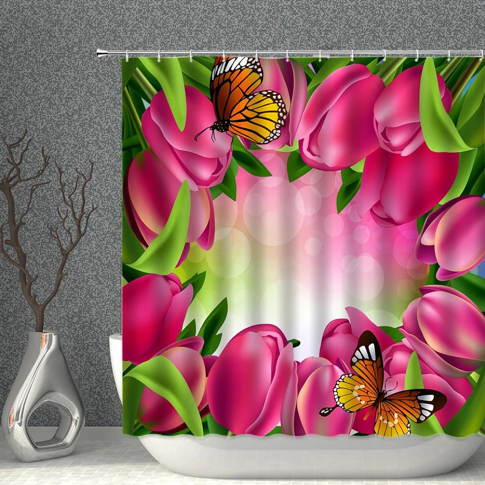 Plant Floral Shower Curtain 3D Butterfly Flower Natural Landscape Bathroom Curtains Polyester Fabric With Hook Home Bath Decor