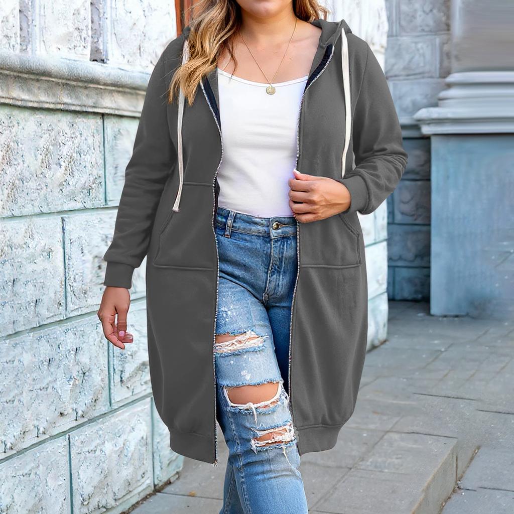 Women's Fashion Casual Plus Size Hooded  Long-Sleeve Solid Jacket