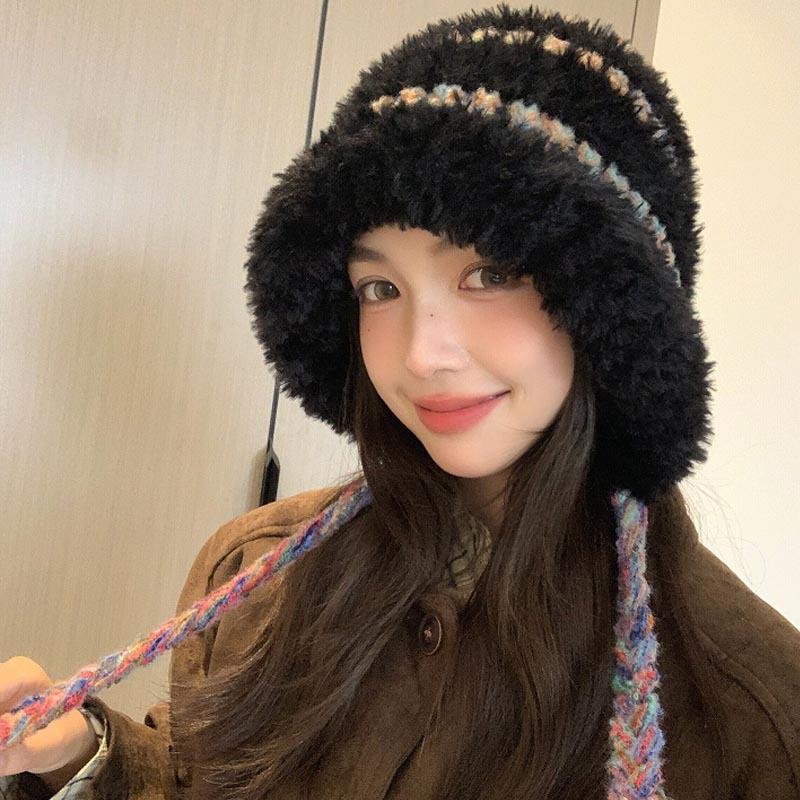 Autumn and winter rainbow candy beans plush wool hat women's plush hat thickened bag head, ear protection hat, warm knitted hat