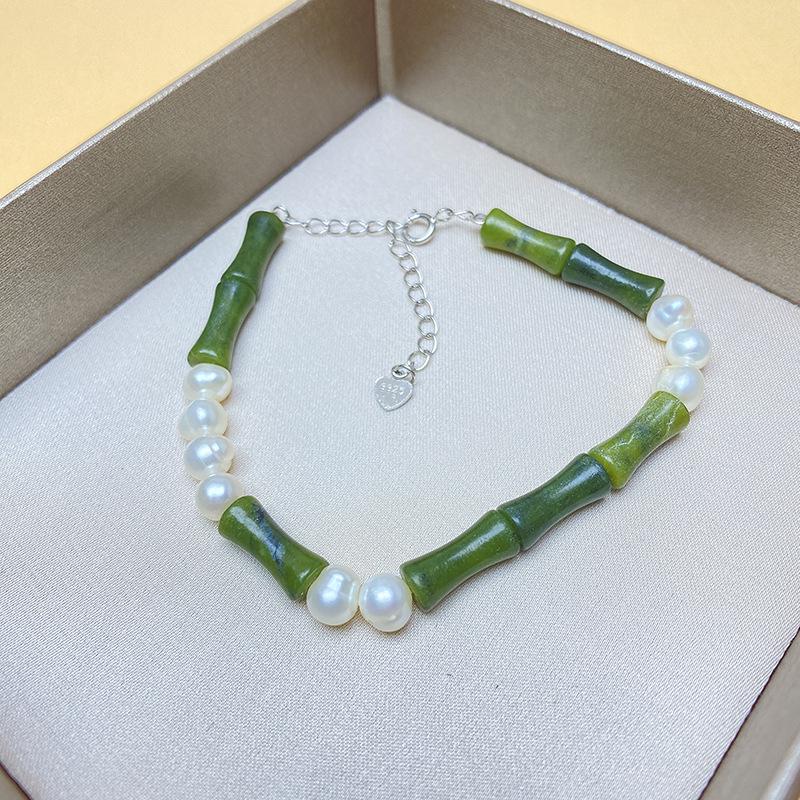 Women's Olive Jade Bamboo Joint Bracelet: Chinese S925 Silver, Natural Pearl, Retro, Versatile Style.