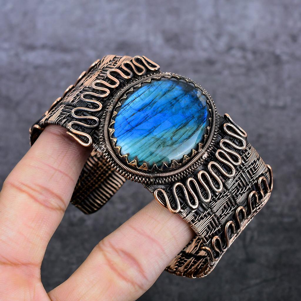 Natural Labradorite Gemstone Copper Wire Wrap Cuff Bangle Adjustable F4g51