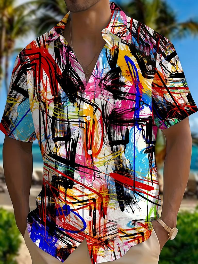 Men's Hawaiian Shirt Abstract Graffiti 3D Print Short Sleeve Casual Shirt Loose Fit Summer Top Street Art Daily Wear