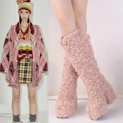 Fashion Oversized Runway Fashion Women's Boot European American Round Toe Waterproof Platform with Thick Heels Warm Lambhair Long Boots