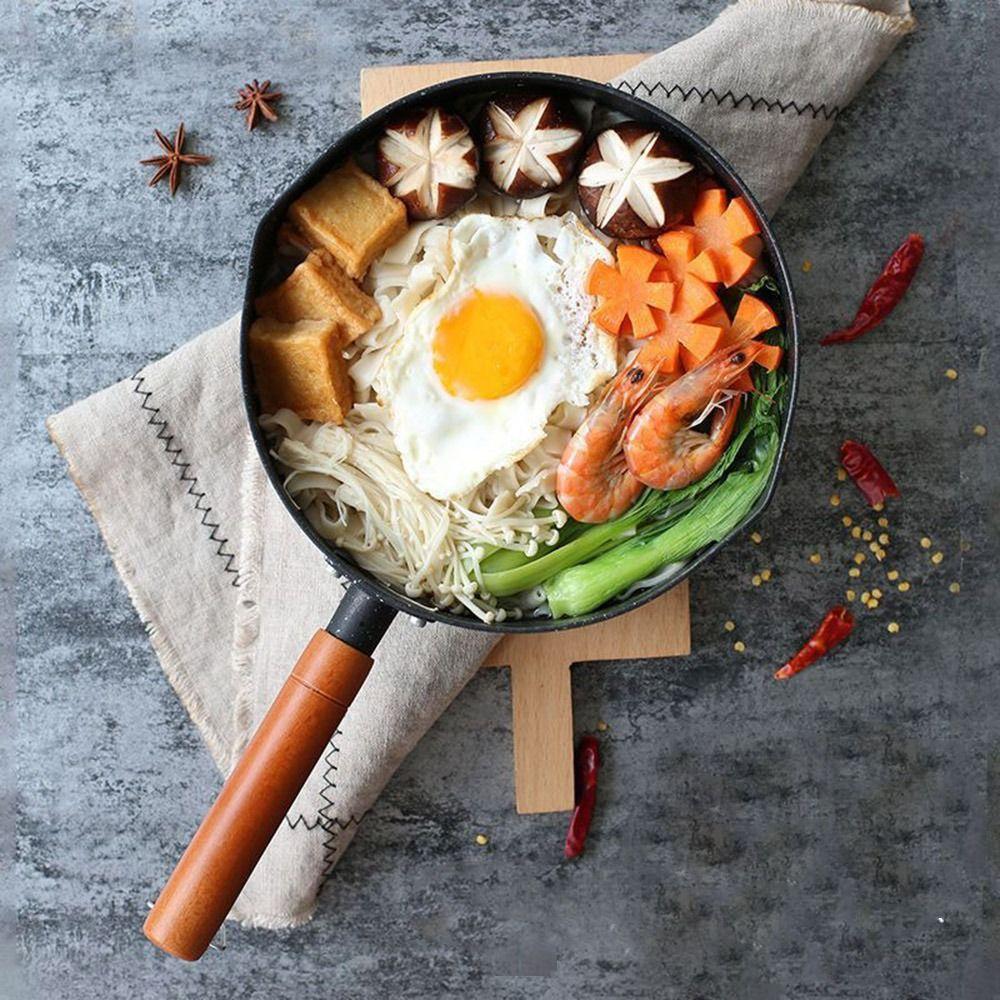 Portable Iron Omelette Pan Non-stick with Wooden Handle Wheat Stone Stockpot Noodle Pot Kitchen Supplies