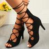 2024 Plus Size Lace-up Peep-toe High Heel Sandals - European & American Style, Suede PU