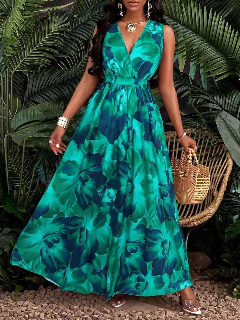Women's Elegant Tropical Print V-neck Long Dress